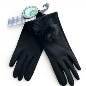Black Fleece Lined Stretch Touchscreen Gloves with Genuine Fur Accent Medium